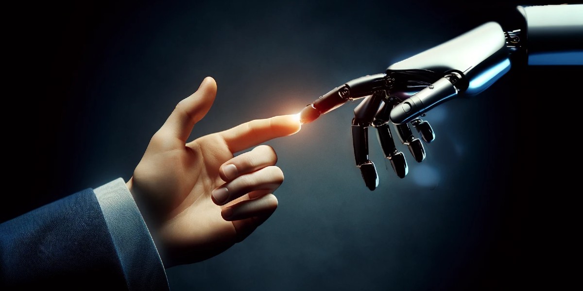 main humaine touchant la main d'un robot du bout de leur index
